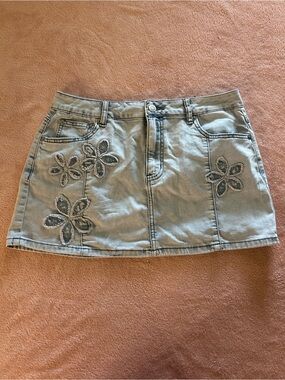 Altar'd State Light Blue Denim Floral Appliqué Mini Skirt